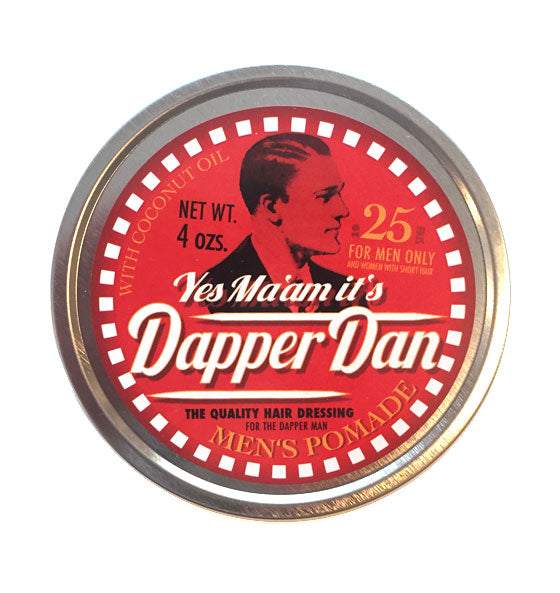 Runde Dose Dapper Dan Men's Pomade mit rotem Retro-Etikett und 1930er Jahre Design, vegan, traditionell hergestellte Haarpomade mit Kokosöl und mildem Ananas-Duft.