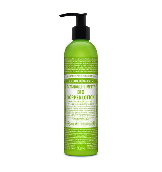 grüne Flasche Dr. Bronner Körperlotion Patchouli & Limette mit Pumpspender Bio-zertifiziert