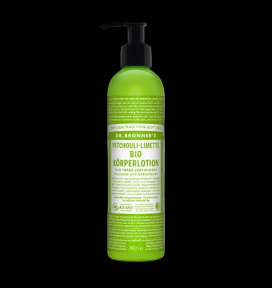 grüne Flasche Dr. Bronner Körperlotion Patchouli & Limette mit Pumpspender Bio-zertifiziert