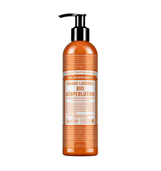 Bio Körperlotion Orange & Lavendel von Dr. Bronner in orangefarbener Flasche mit Pumpspender für seidig weiche Haut.