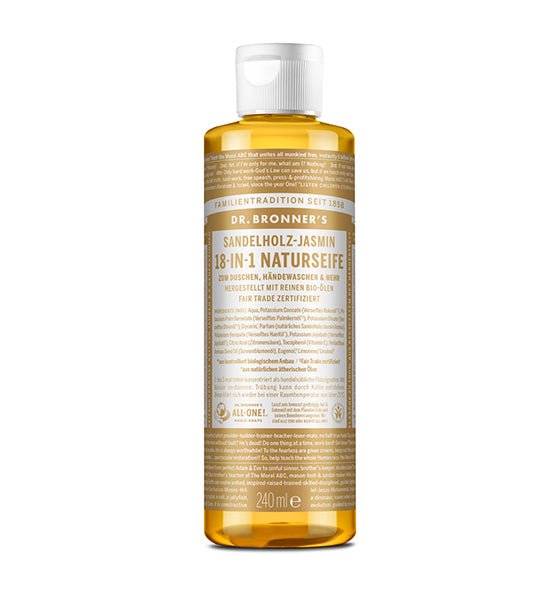 Dr. Bronner Flüssigseife Sandelholz & Jasmin 18-in-1, natürliche handgemachte Bio-Seife, 240 ml Flasche