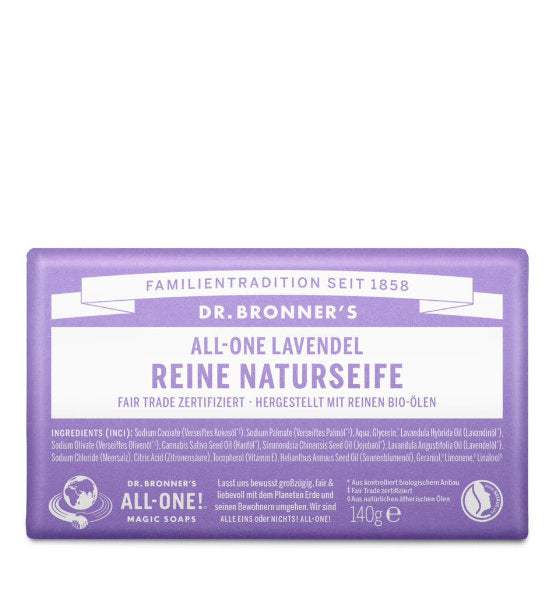 Dr. Bronner Lavendel Naturseife aus biologischen Ölen mit beruhigendem Duft, fair gehandelt und zertifiziert.