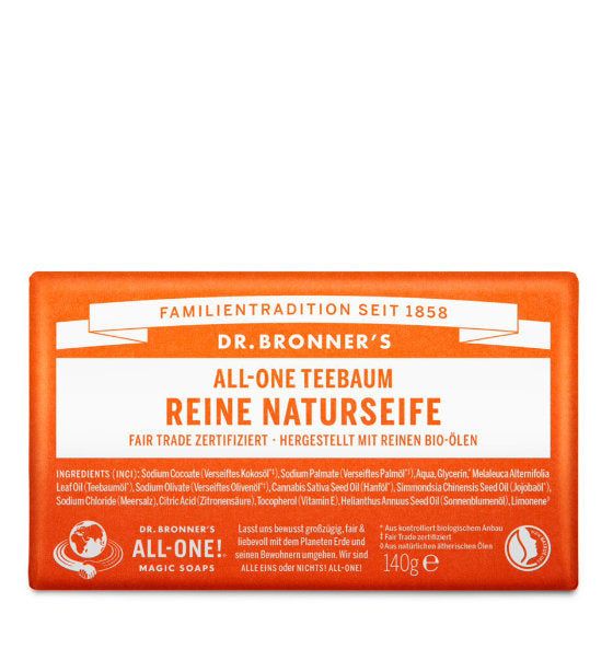 Dr. Bronner Naturseife Teebaum mit biologischen Ölen und ätherischem Teebaumöl für sanfte, porentiefe Reinigung und Hautpflege.