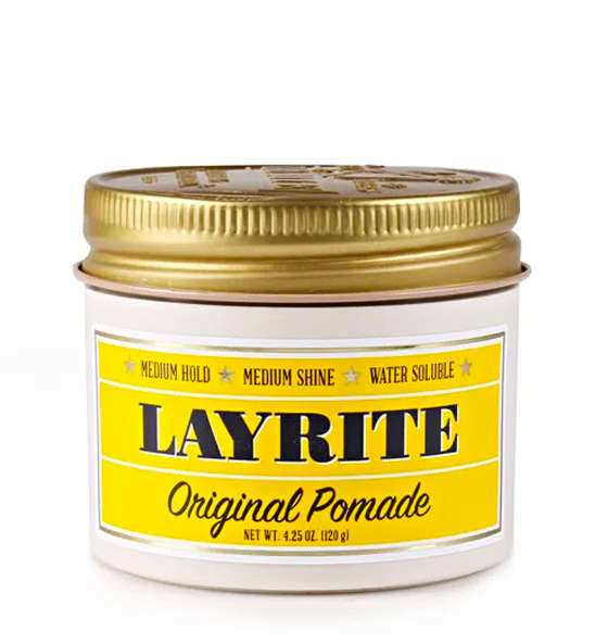 Layrite Original Deluxe Pomade im weißen Tiegel mit gelbem Etikett und goldfarbigem Deckel für mittleren Halt und matten Glanz.