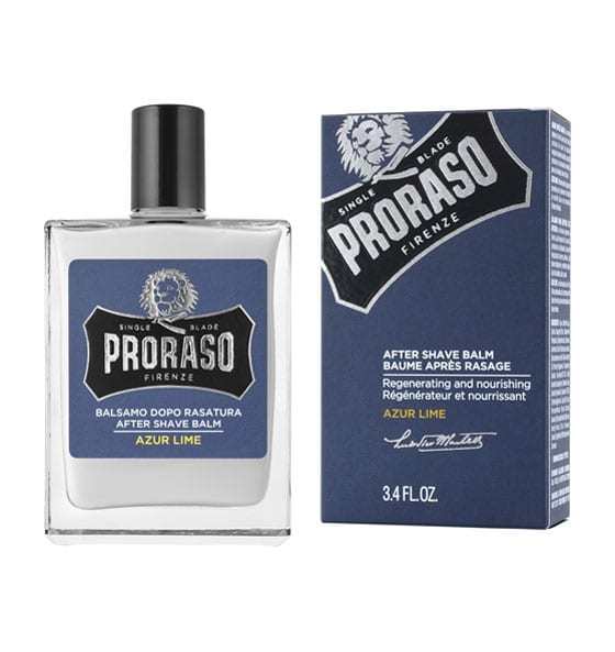 Aftershave Balsam Azur Lime von Proraso mit erfrischendem Zitrusduft und regenerierender Pflege für glatte, weiche Haut nach der Rasur.