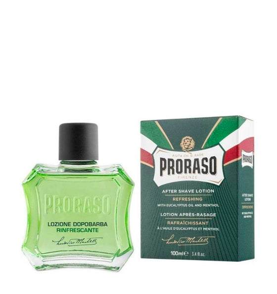Proraso Aftershave Lotion grüne Linie mit Eukalyptusöl und Menthol zur sanften Pflege und Erfrischung nach der Rasur.