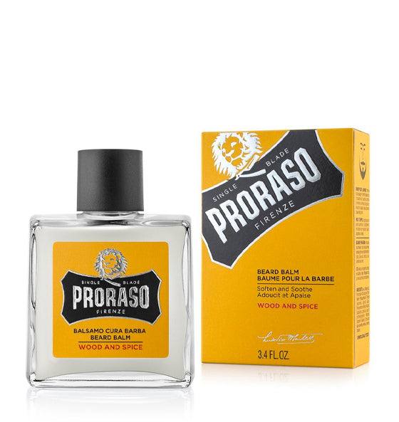 Proraso Bartbalsam Wood & Spice in gelber Verpackung für weichen, gepflegten Bart mit holzig-würzigem Duft.