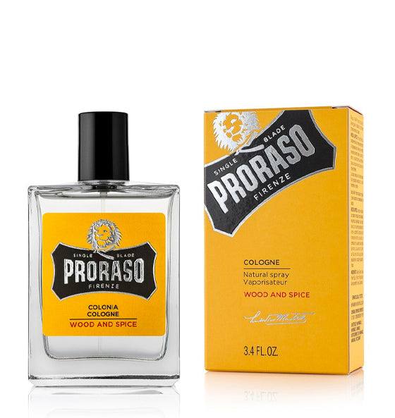 Proraso Eau de Cologne Wood & Spice mit holzig-würzigem Duft, natürlichem Spray, 100ml Verpackung in Gelb