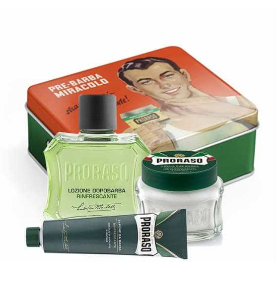 Proraso Nassrasur-Set Vintage Selection Gino 2019 mit Pre Shave Cream, Rasiercreme und Aftershave in vintage Dose, erfrischender Eukalyptus- und Mentholduft