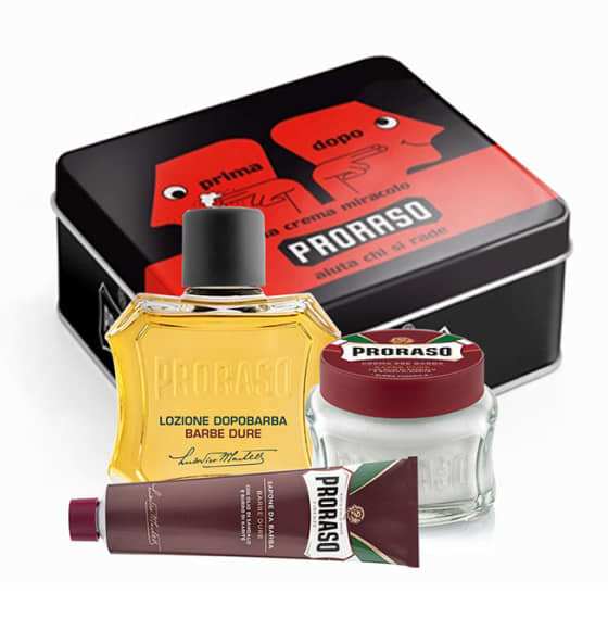 Proraso Nassrasur-Set Vintage Selection Prima Dopo mit Pre Shave Cream, Rasiercreme und Aftershave in vintage Dose für dickes Barthaar.