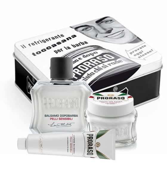 Nassrasur-Set Vintage Selection Toccasana Proraso mit Pre Shave Cream, Rasiercreme und Aftershave in stilvoller Vintage-Dose für empfindliche Haut