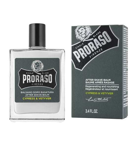 Proraso Aftershave Balsam Cypress & Vetiver mit regenerierender Pflege und holzigem Duft in Glasflasche und Verpackung