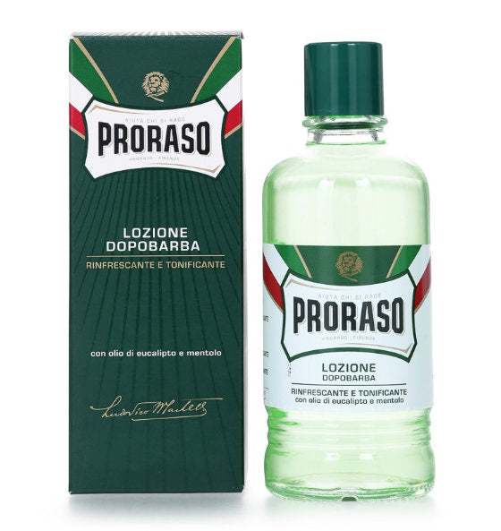 Proraso Aftershave Lotion Professional grüne Linie mit Eukalyptus, beruhigt Haut nach der Rasur, schließt Poren und spendet Frische.