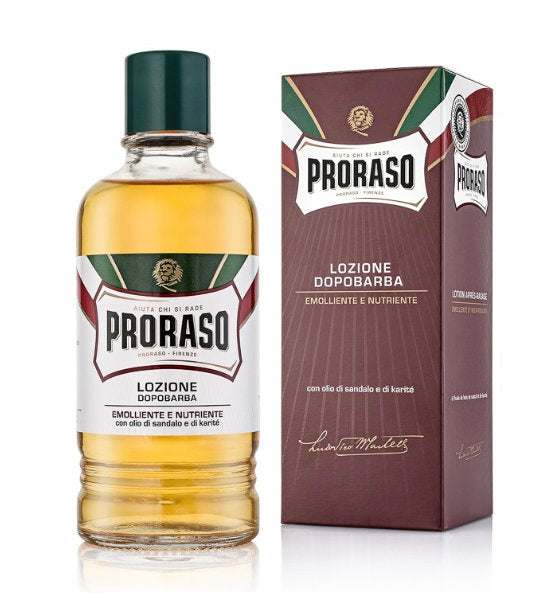 Proraso Aftershave Lotion Rote Linie mit Sandelholzöl und Sheabutter, beruhigt und pflegt die Haut nach der Rasur