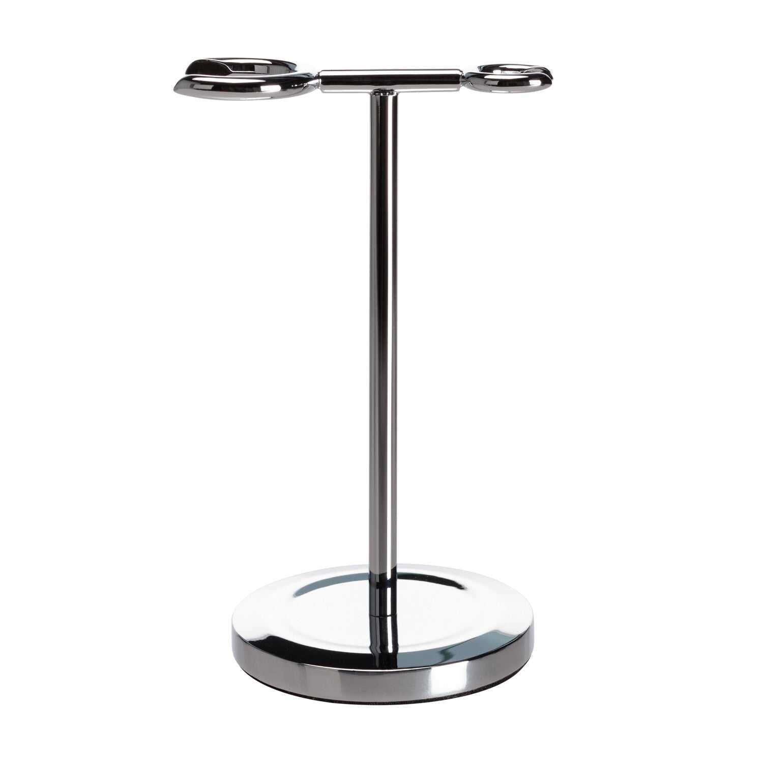 Rasierhobel und Pinselständer aus verchromtem Metall von Mootes mit runder Basis und zwei Halterungen für Nassrasur-Utensilien