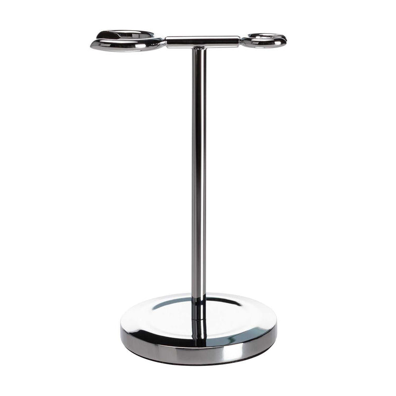 Rasierhobel und Pinselständer aus verchromtem Metall von Mootes mit runder Basis und zwei Halterungen für Nassrasur-Utensilien