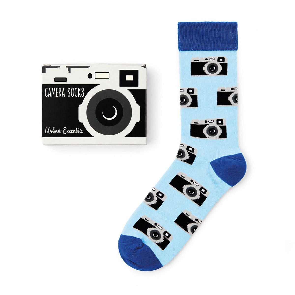 Hellblaue Camera Socken mit Kameramotiv und passender Geschenkbox