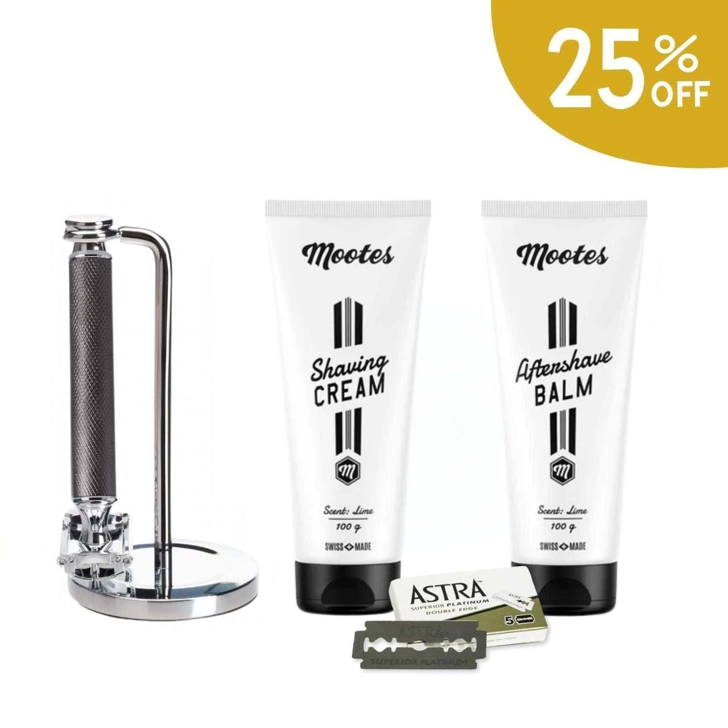 Rasierhobelset mit Metallgriff, Rasiercreme, Aftershave Balsam und Astra-Klingen, stilvolles Pflege-Set