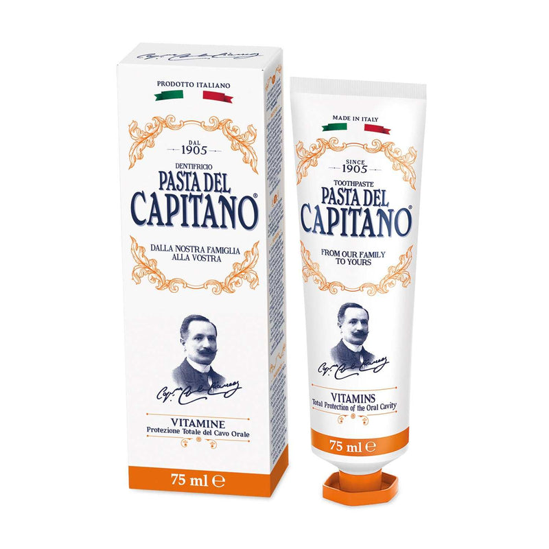 Zahnpasta Vitamins Pasta del Capitano 75 ml mit Vitaminen A, C, E, Pfefferminze und Menthol für frischen Atem und Rundumschutz