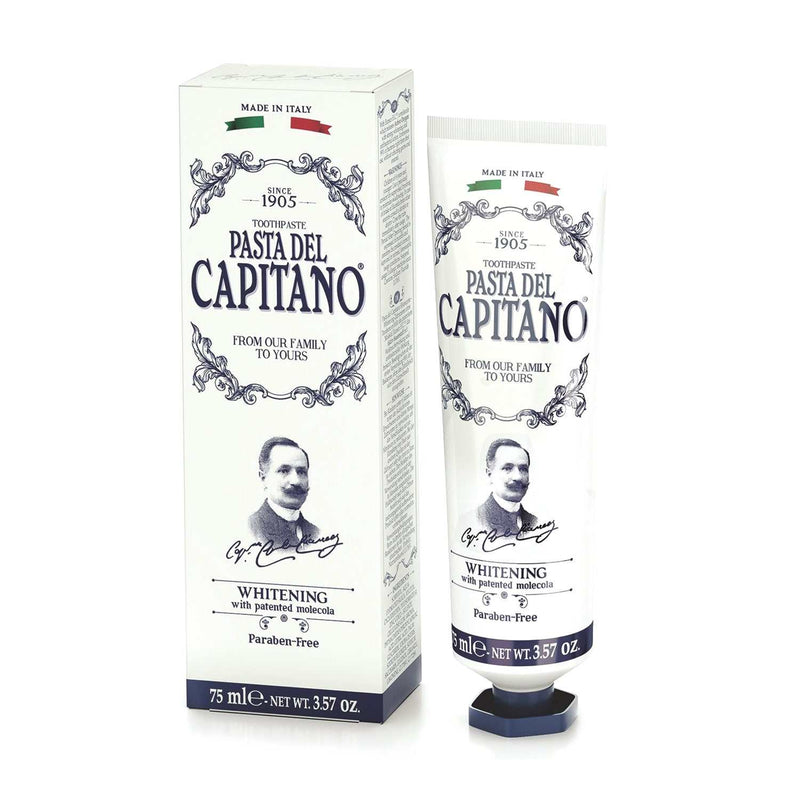 Zahnpasta Whitening Pasta del Capitano 1905 mit aufhellender Formel, antibakterieller Wirkung und frischem Aroma für strahlend weiße Zähne und gesunde Mundflora, 75 ml.