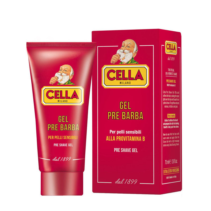 Pre-Shave Gel - Cella Milano rotes Gel und Verpackung mit Provitamin B für empfindliche Haut vor der Rasur