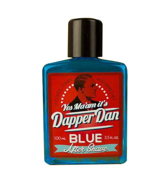Dapper Dan Aftershave Lotion Blue in blauem Flakon mit rotem Etikett für gepflegte, erfrischte Haut nach der Rasur