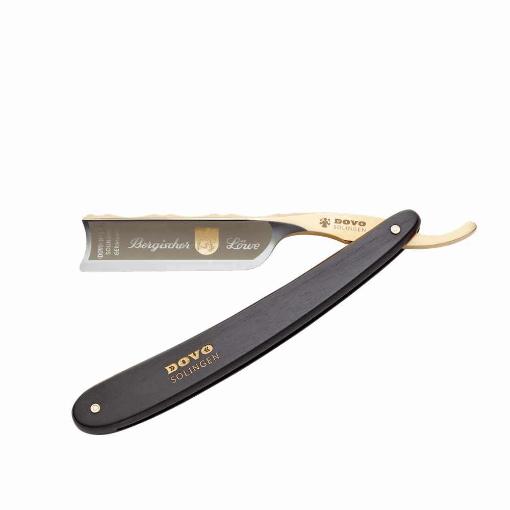 Dovo Rasiermesser Bergischer Löwe 6/8" mit spanischem Kopf, Ebenholzgriff und 24 Karat Gold verzierter Klinge