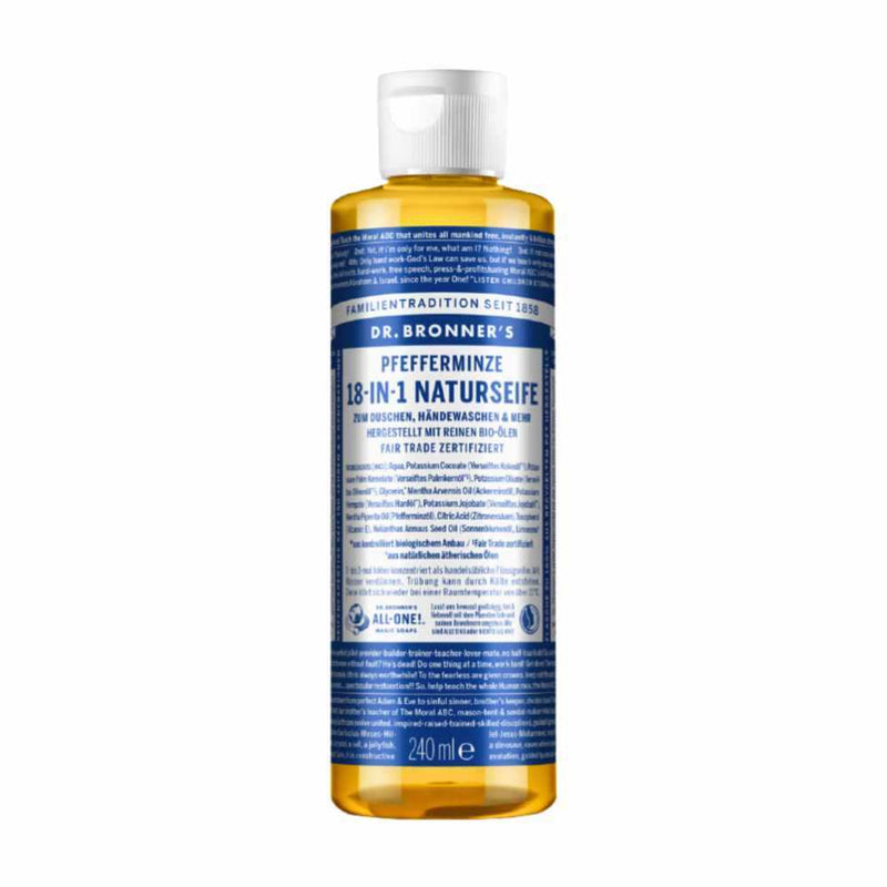 Flüssigseife Pfefferminz Dr. Bronner 18-in-1 Natürliche, erfrischende Seife mit Minzduft und biologisch abbaubaren Inhaltsstoffen, vielseitig einsetzbar.