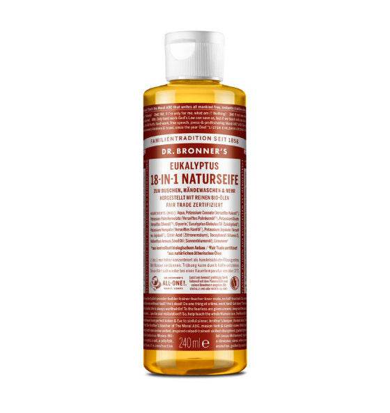 Flüssigseife Eukalyptus Dr. Bronner, 18-in-1 Bio-Naturseife mit pflegenden Ölen und erfrischendem Duft, vielseitig einsetzbar für Haut, Haare und Haushalt.