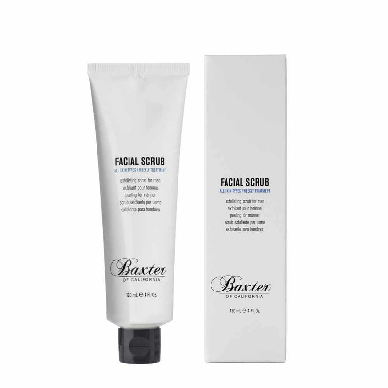 Baxter of California Gesichtspeeling mit Walnuss-Schalen-Pulver, Honig und Aloe Vera für sanfte Hautreinigung und Pre-Shave-Pflege.