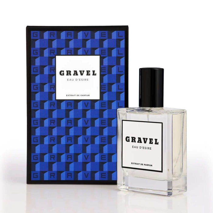 Flakon und Geschenkbox von Gravel Eau d'Esire Eau de Parfum mit frischen Zypressen- und Bergamottennoten.