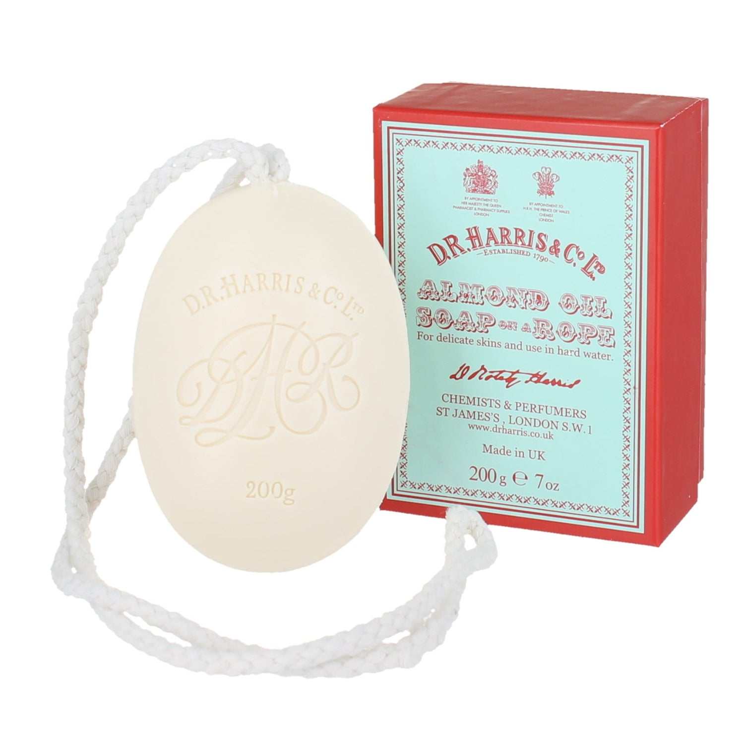 Duschseife Mandelöl von D.R. Harris mit pflegendem Mandelöl und cremigem Schaum, praktische Aufhängeschnur, hergestellt in Großbritannien.