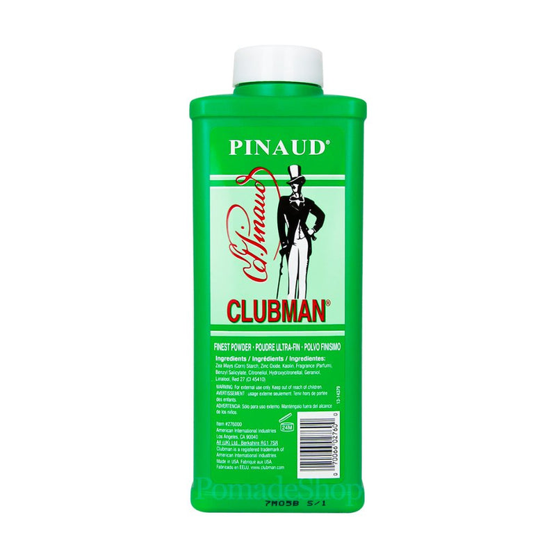 Clubman Pinaud Körperpuder mit frischem Barbershop-Duft, absorbiert Feuchtigkeit und verhindert Hautirritationen, für trockenen, gepflegten Komfort.