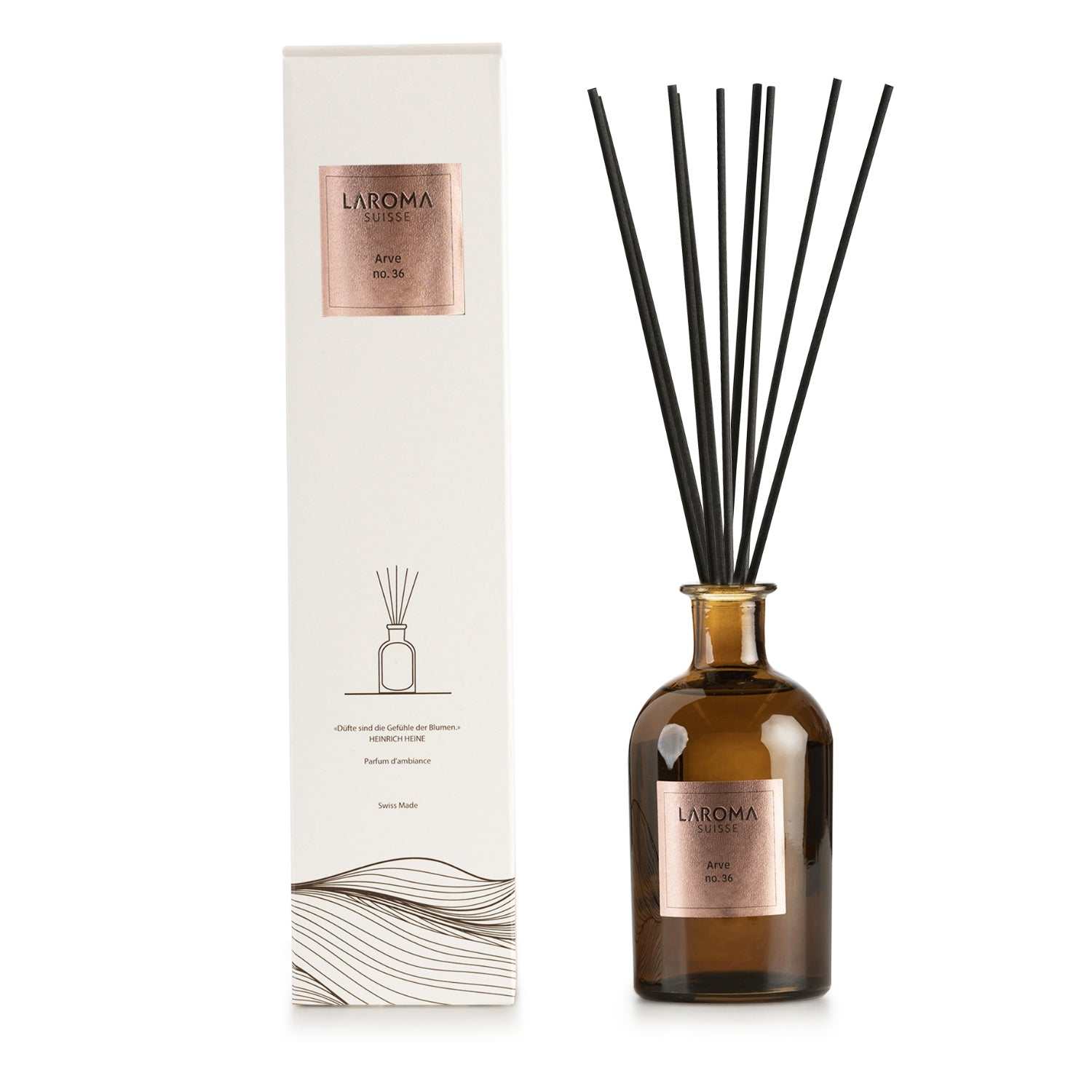 Diffuser Arve - Laroma mit 10 Rattanstäbchen und frischem Bergduft in braunem Glasflakon