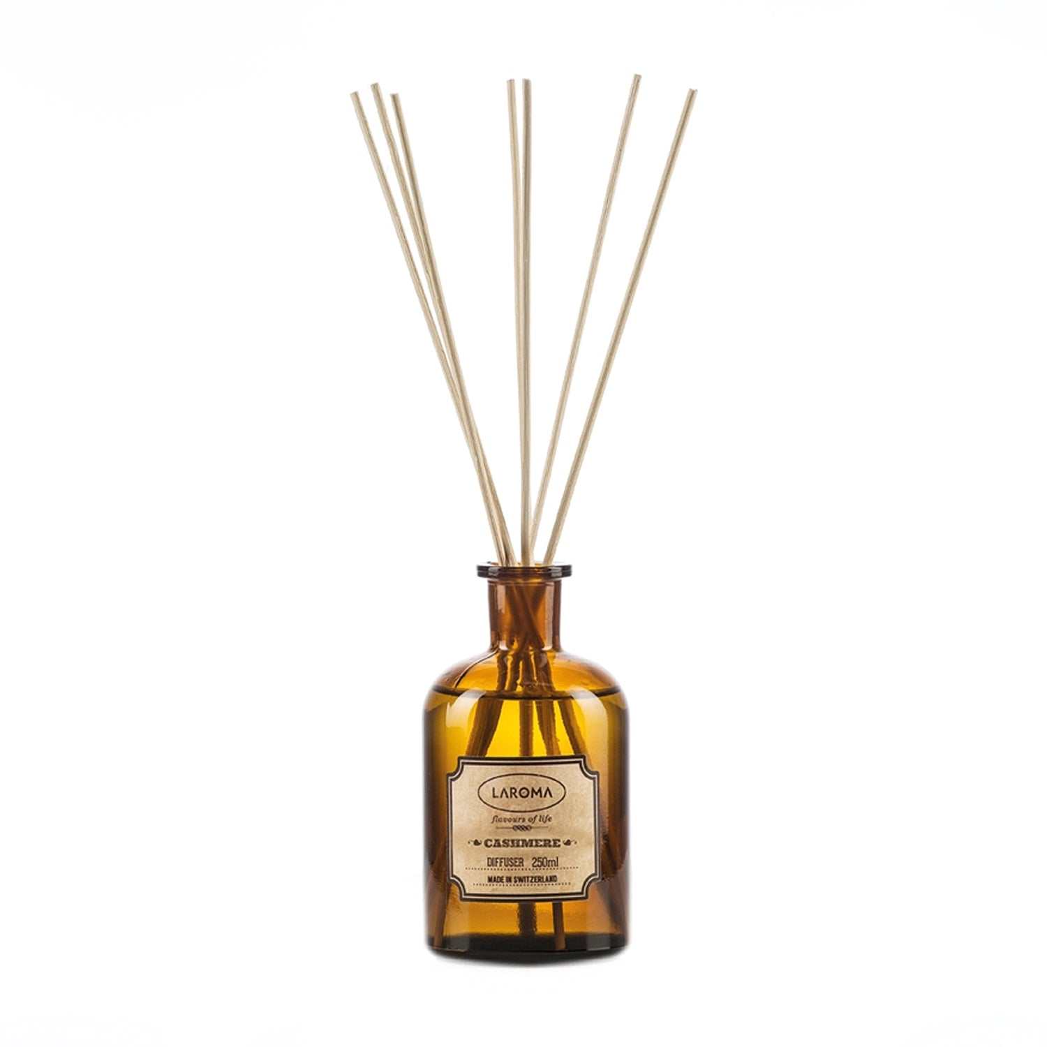 Diffuser Cashmere - Laroma in nostalgischer Apothekerflasche mit Rattanstäbchen für gemütlichen, warmen Duft.