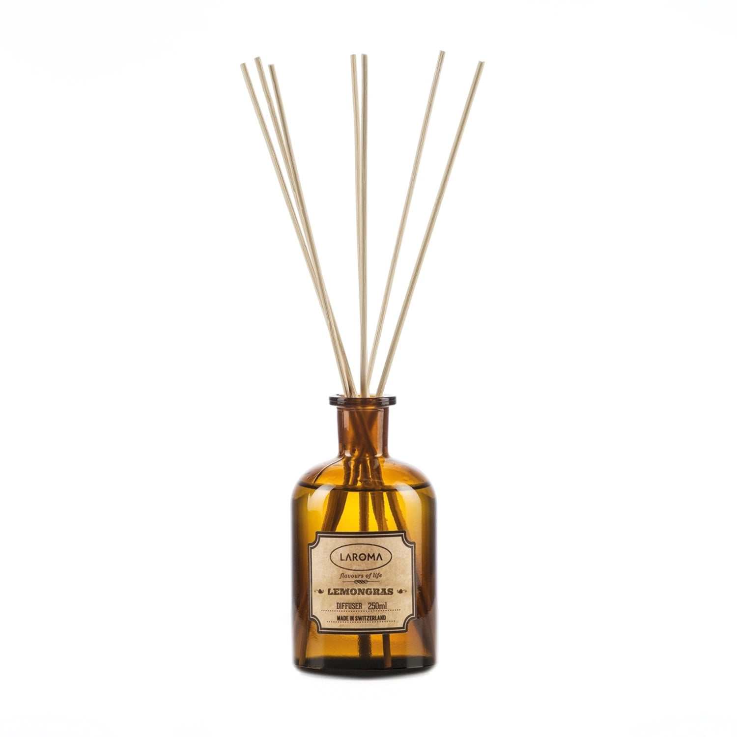 Diffuser Lemongrass - Laroma in nostalgischer Apothekerflasche mit 10 Rattanstäbchen für natürliche Frische und Vitalität im Raum