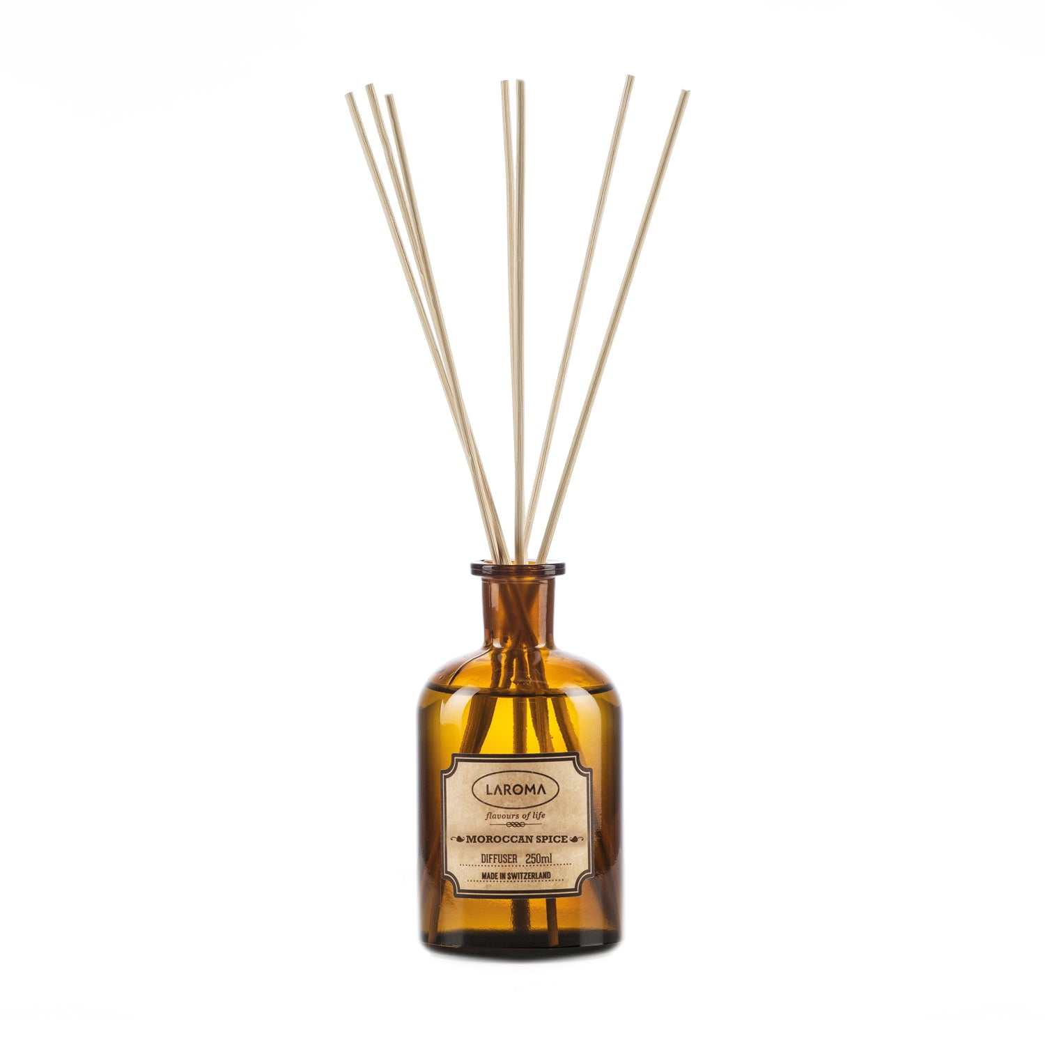 Diffuser Moroccan Spice - Laroma mit orientalischen Gewürznoten in brauner Apothekerflasche und Rattanstäbchen