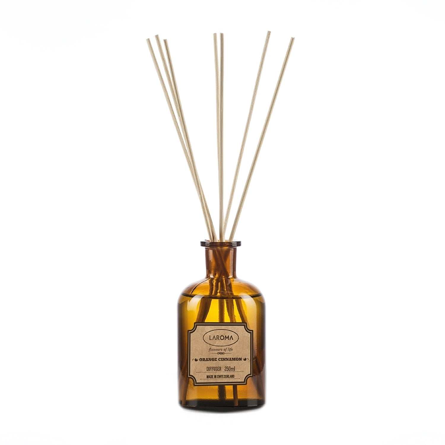 Laroma Diffuser Orange & Zimt mit Aromastäbchen in brauner Flasche für winterlichen Duft
