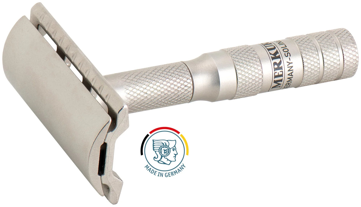 Merkur Reise-Rasierhobel 933 INOX aus Edelstahl im Lederetui