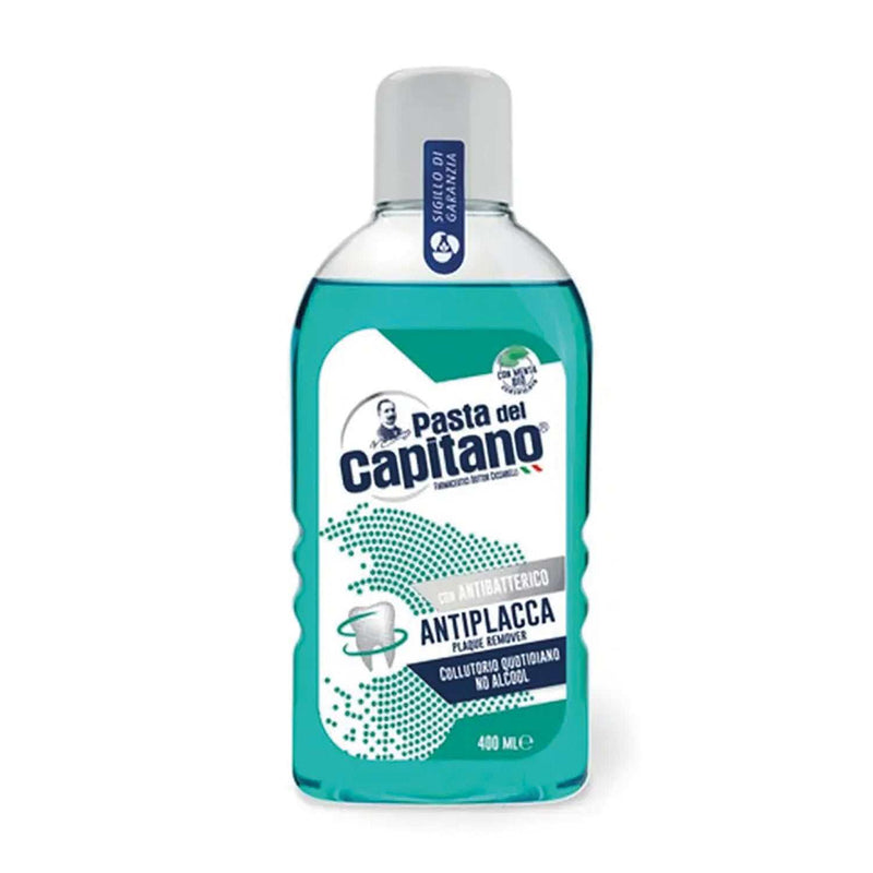 Pasta del Capitano Mundwasser Antiplaque alkoholfrei mit Zinkformel gegen Zahnbelag, mit asiatischem Pennywort-Extrakt und Bio-Minze für frischen Atem und Zahnfleischpflege.