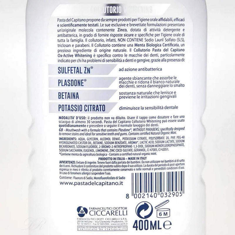 Mundwasser Whitening OX-Active von Pasta del Capitano für schonendes Zahnaufhellen und frischen Atem mit Bio-Minze, sanfte Reinigung und Zahnschmelzschutz.