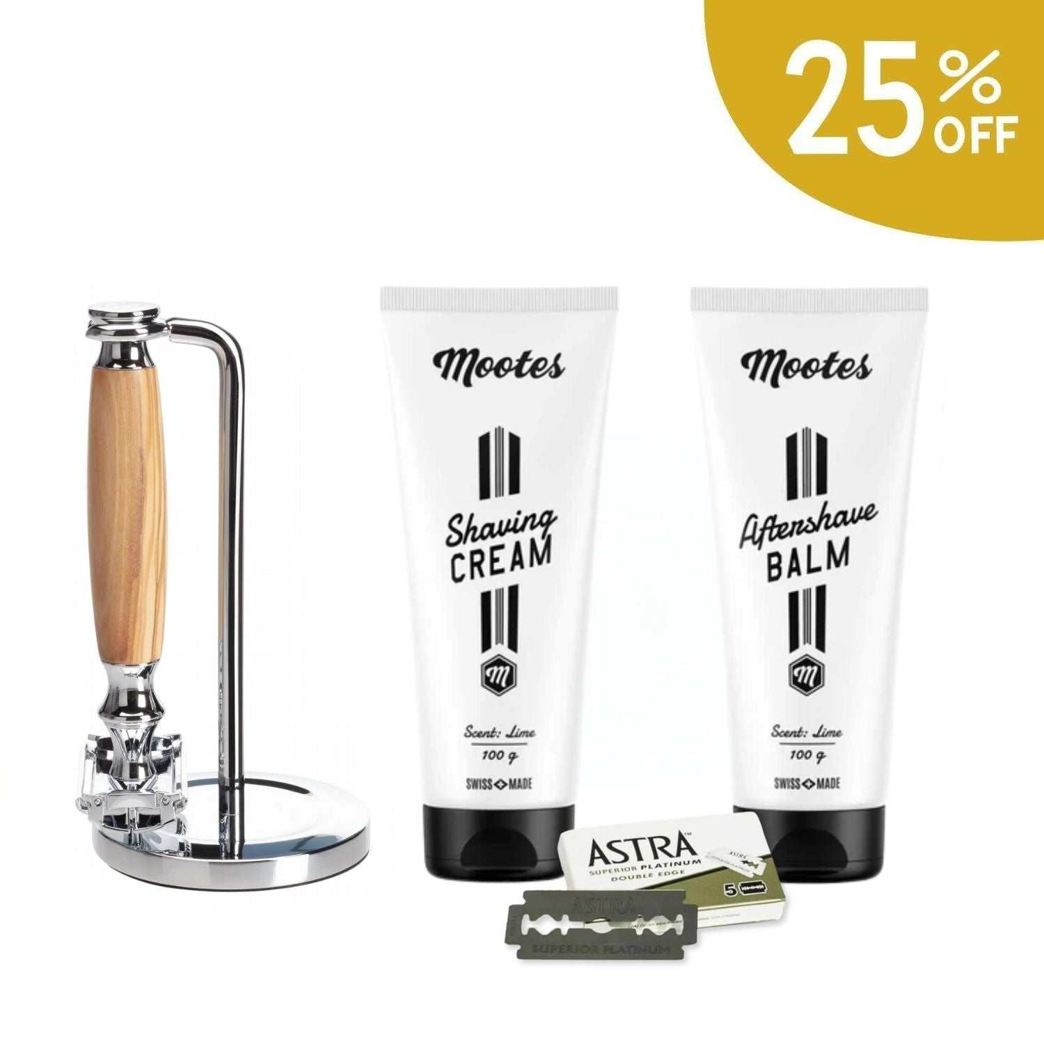 Rasierhobelset mit Metallgriff, Holzgriff, Rasiercreme, Aftershave Balsam und Astra Klingen