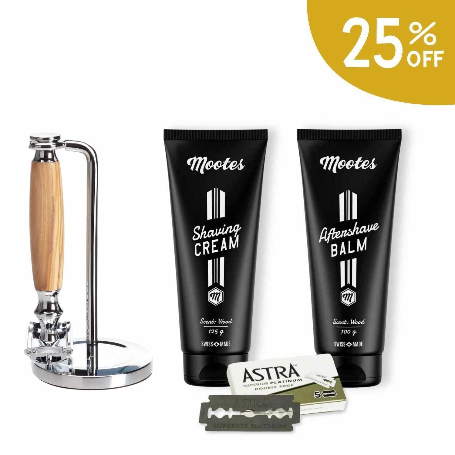 Rasierhobelset mit Metallgriff, Rasiercreme, Aftershave Balsam und Astra Klingen in edlem Design
