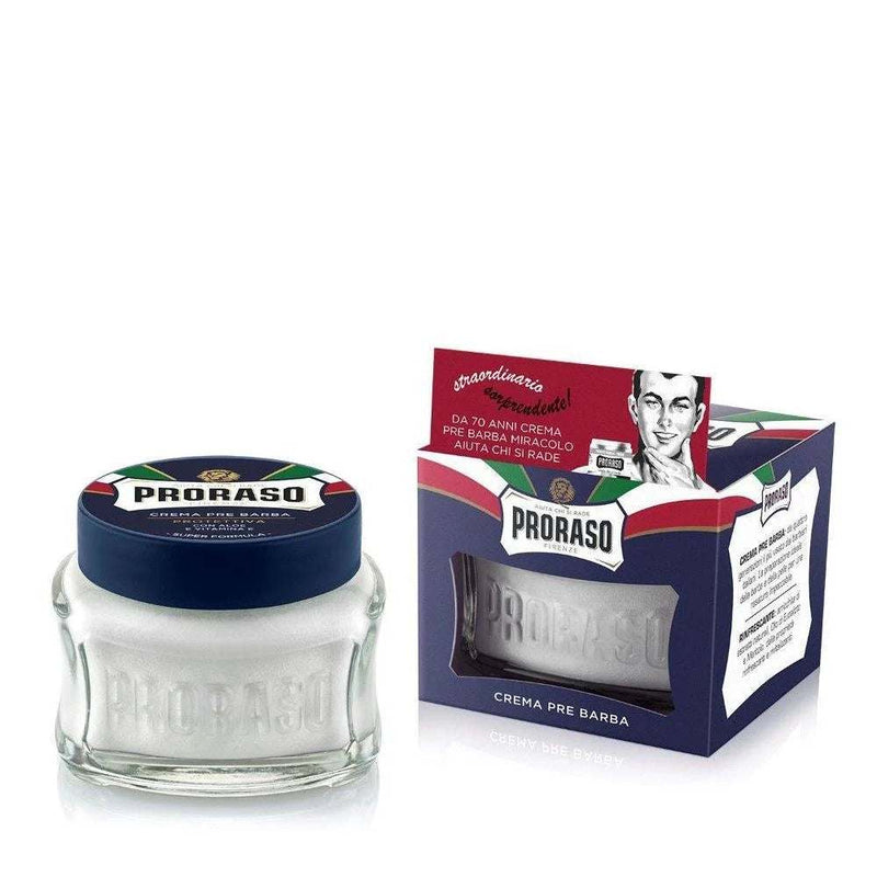 Proraso Pre-Shave Cream blaue Linie mit Vitamin E im Glas und Verpackung