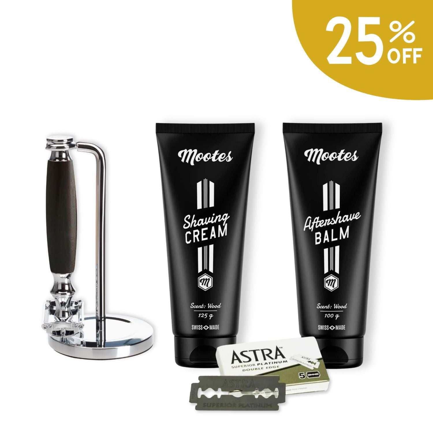 Rasierhobelset mit Metallgriff von Mootes mit Rasierständer, Rasiercreme, Aftershave-Balsam und Astra-Rasierklingen für sanfte und gründliche Rasur.