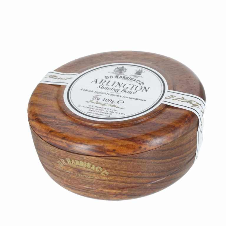 Rasierseife Arlington im Holztopf von D.R. Harris mit frischem Zitrusduft und Buchenholz-Schale