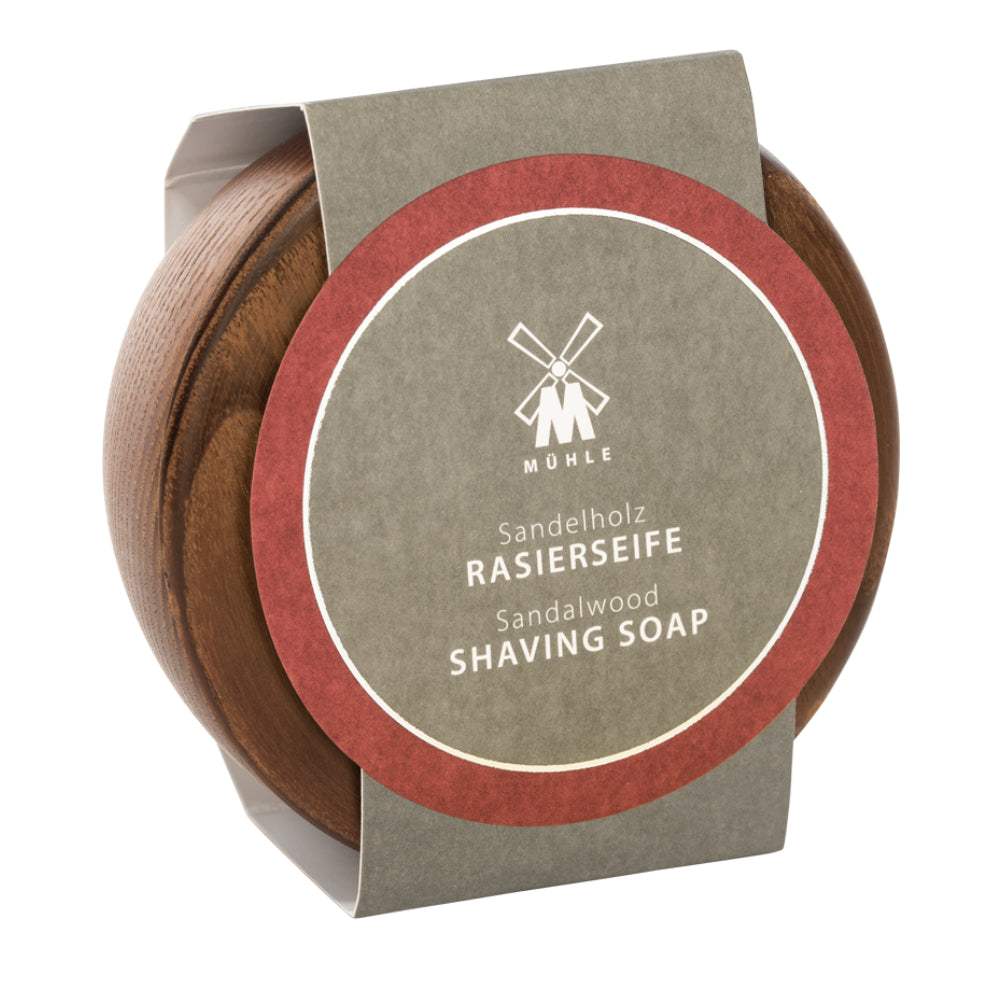 Rasierseife Sandelholz in Holzschale von Mühle mit cremigem Schaum und aromatischem Sandelholzduft