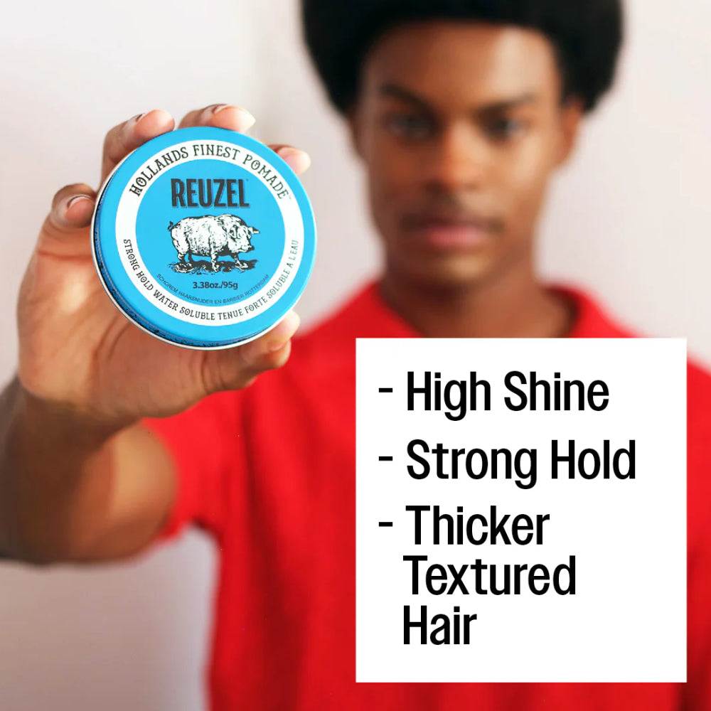 Reuzel Haarpomade Blue Strong Hold für starken Halt und hohen Glanz bei dickem, strukturiertem Haar.