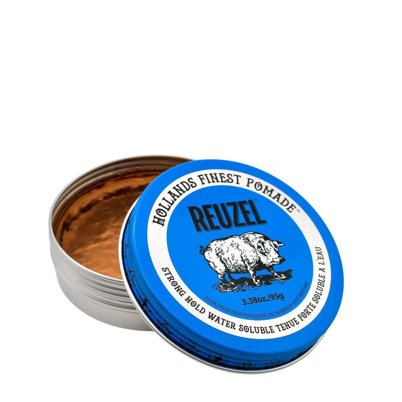 Reuzel Haarpomade Blue Strong Hold im blauen Döschen mit starkem Halt und Vanilleholzduft
