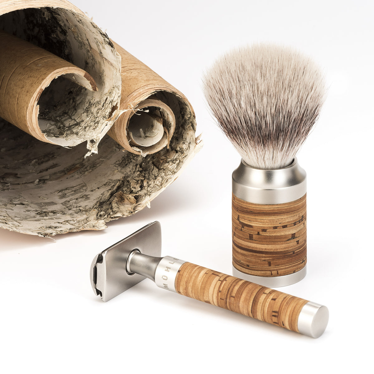 Coffret rasoir de sûreté ROCCA en acier inoxydable, écorce de bouleau – Mühle